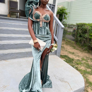 Niulatu One Shoulder Sheath Green Long Prom Dresses Velvet Sleeveless Formal Dresses Green Evening Dresses HZ1026